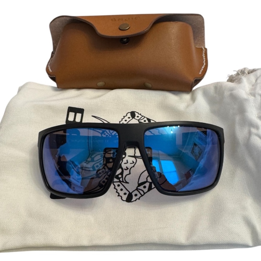 Bajio Toads Sunglasses With Blue Mirror Glass Lenses And Matte Black Frame
